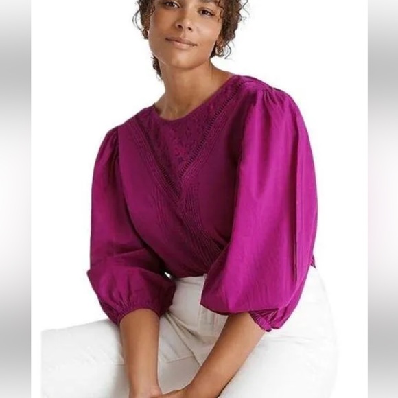 Anthropologie Tops - Anthropologie Farm Rio NWT Kelsie Magenta Lace Peasant Puff Sleeve Blouse sz. 1X